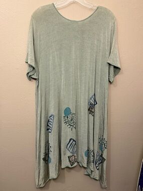Blue Fish Hand Printed Art to Wear Sage Green Flowy Boho Tunic Womens Size 2*